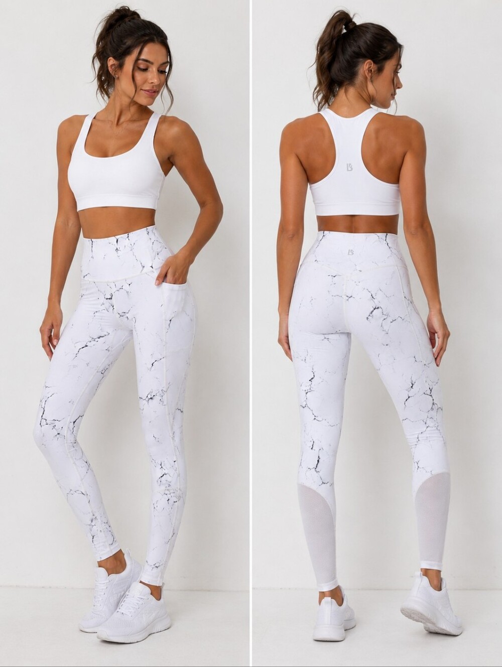 BuffBunny Marble Print High Waisted Leggings | Mesh Panel Athletic Workout Pants